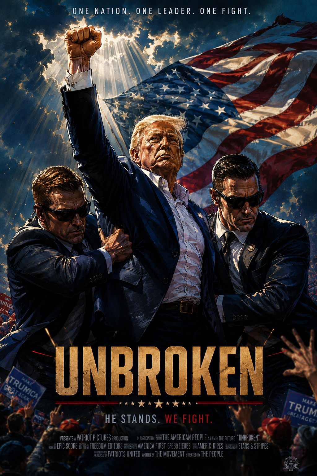 Original illustration: a defiant leader, fist raised, flanked by agents, American flag behind.